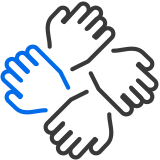 An icon of four hands holding each other to represent community involvement