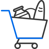 Icon of groceries in a shopping cart representing retail and F&B