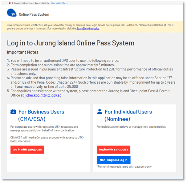 Jurong Island Online Pass System Login