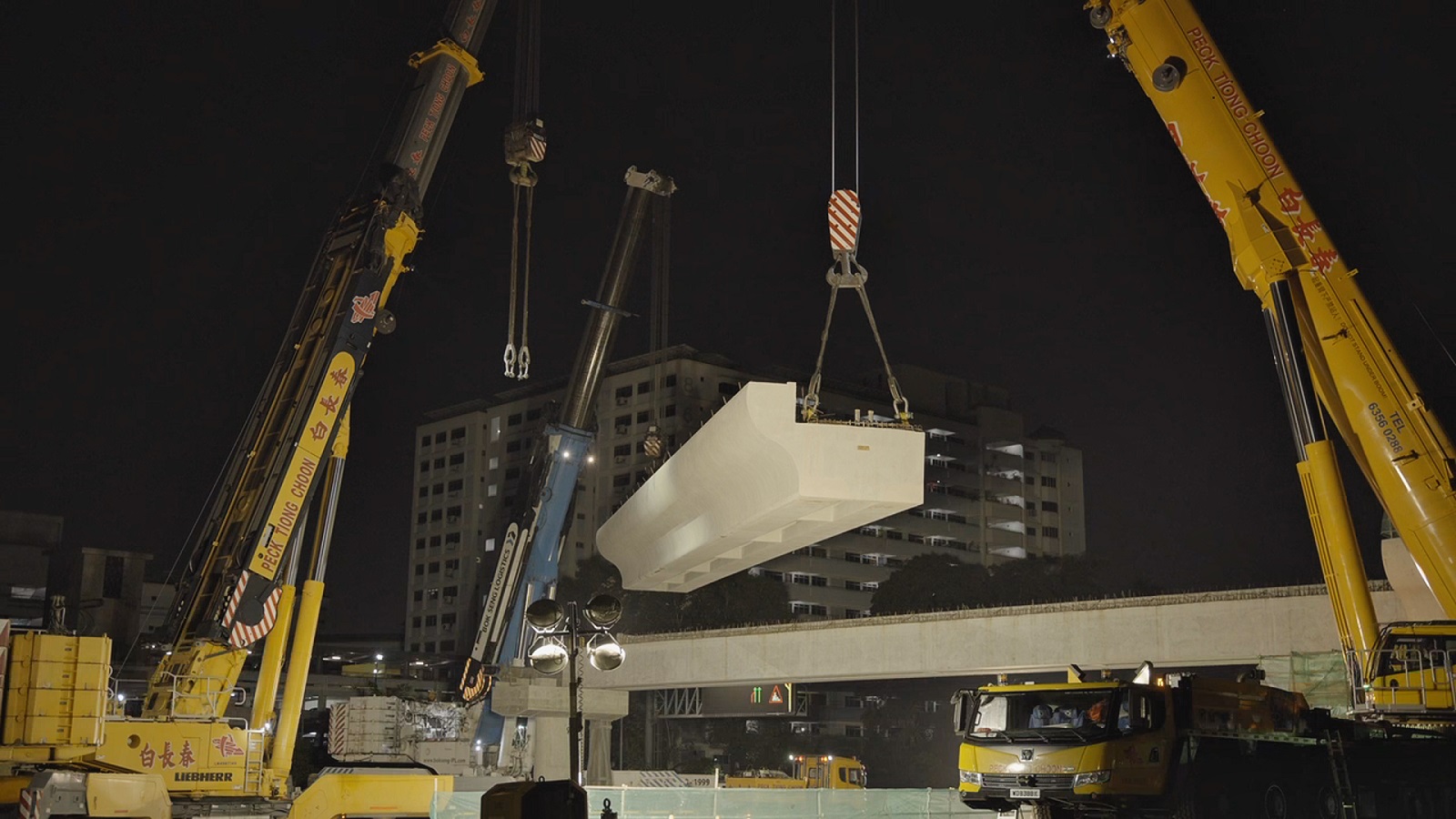 Some of the precast segments of the bridge were assembled in an overnight operation. 